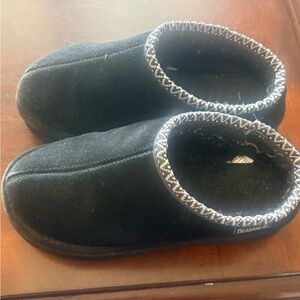 BearPaw Black Slip-On Suede Mule Slippers with Patterned Trim